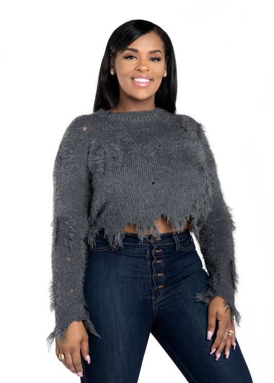 Cary~ Cropped Distressed Top Charcoal