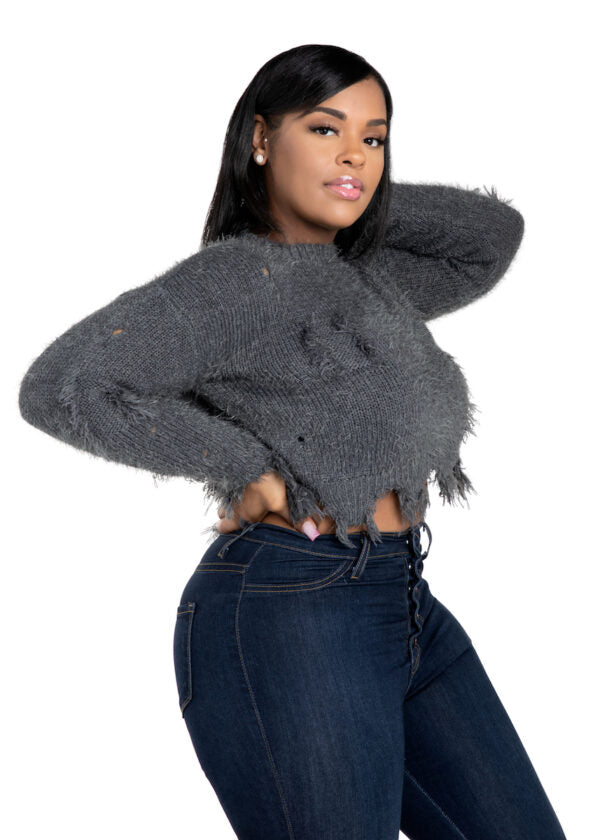 Cary~ Cropped Distressed Top Charcoal
