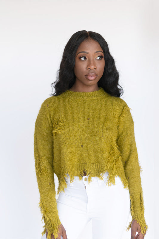 Cary~ Cropped Distressed Top Chartreuse