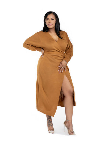 brown knit wrap dress Knit Wrap Dress, Futuristic Wool Dress, Long Sleeve Wrap Dress, Winter Warm Dress Women, Fall Clothing